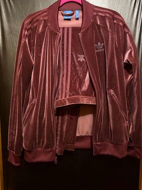 adidas Originals burgundy Velour Track Jacket & Pants Set